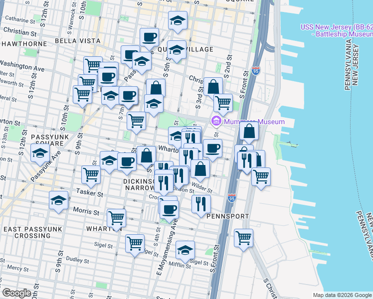 map of restaurants, bars, coffee shops, grocery stores, and more near 307 Sears Street in Philadelphia