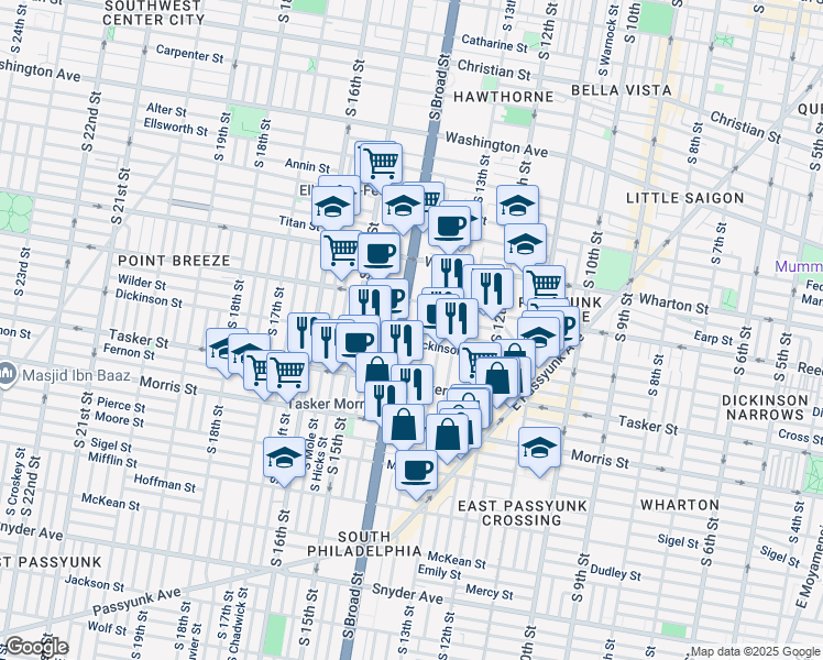 map of restaurants, bars, coffee shops, grocery stores, and more near 2237 West Thompson Street in Philadelphia