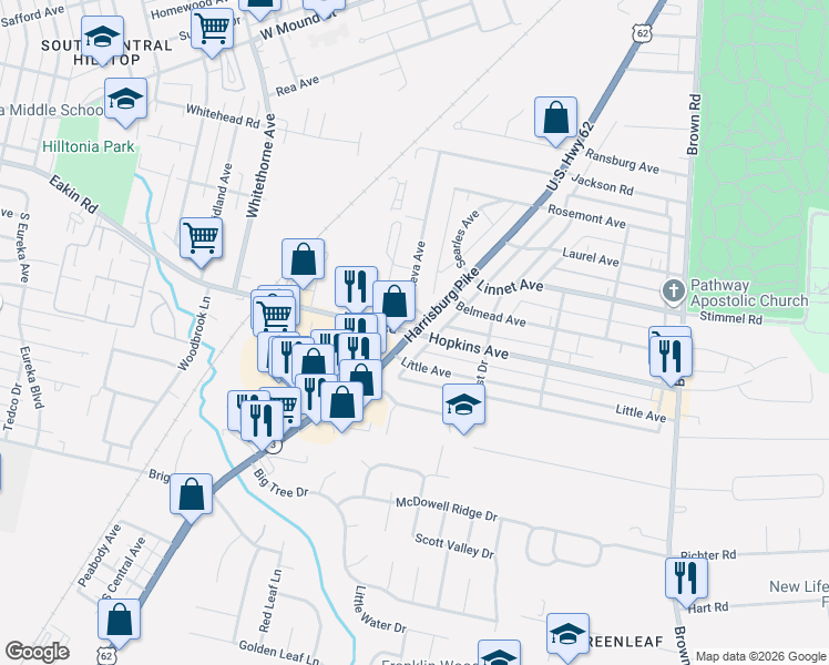 map of restaurants, bars, coffee shops, grocery stores, and more near Harrisburg Pike & Eakin Rd in Columbus