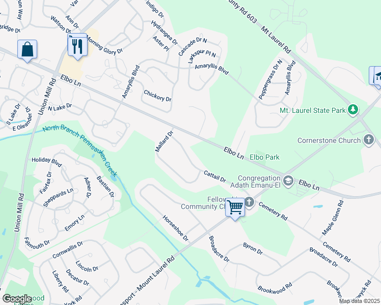 map of restaurants, bars, coffee shops, grocery stores, and more near 28 Cattail Drive in Mount Laurel