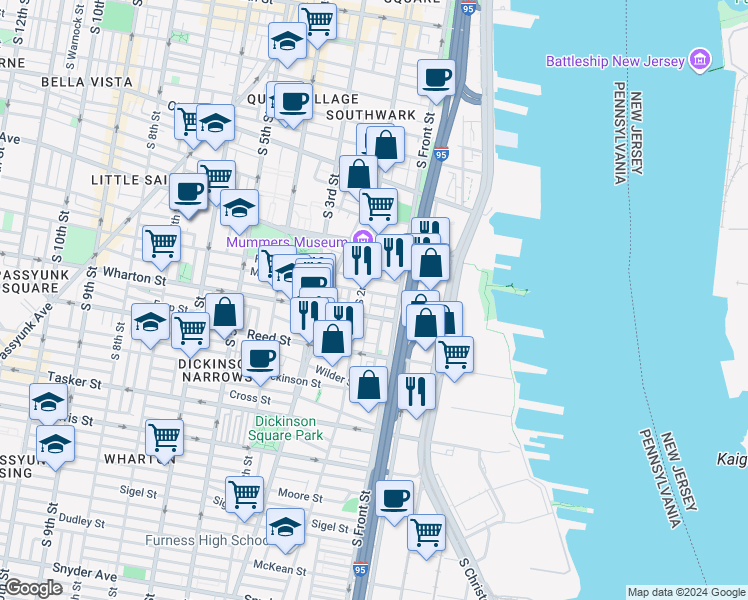 map of restaurants, bars, coffee shops, grocery stores, and more near 1217 South Hancock Street in Philadelphia