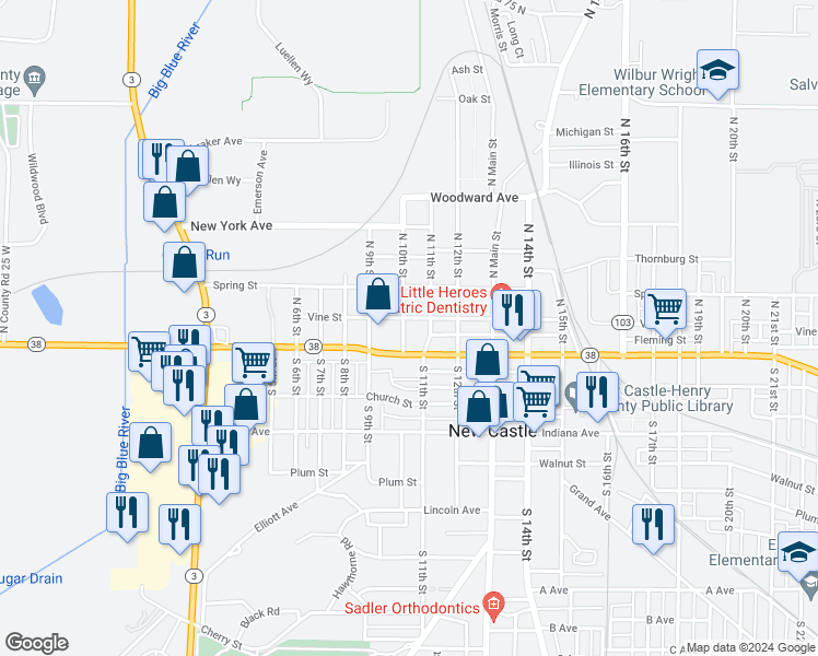 map of restaurants, bars, coffee shops, grocery stores, and more near 126 North 10th Street in New Castle