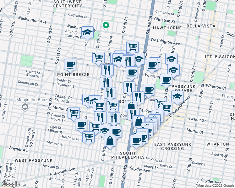 map of restaurants, bars, coffee shops, grocery stores, and more near 1500 South Mole Street in Philadelphia