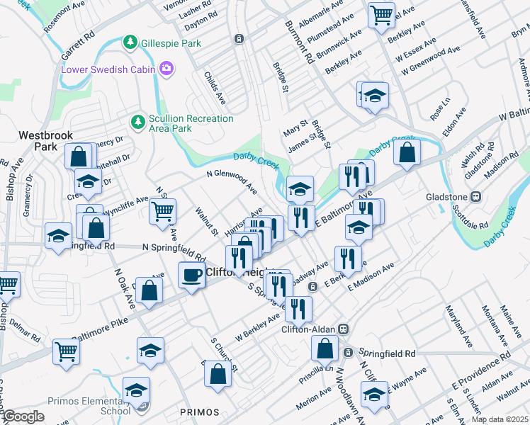 map of restaurants, bars, coffee shops, grocery stores, and more near 69 North Penn Street in Clifton Heights