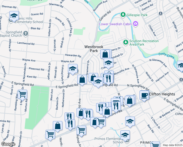 map of restaurants, bars, coffee shops, grocery stores, and more near 238 Westbrook Drive in Clifton Heights