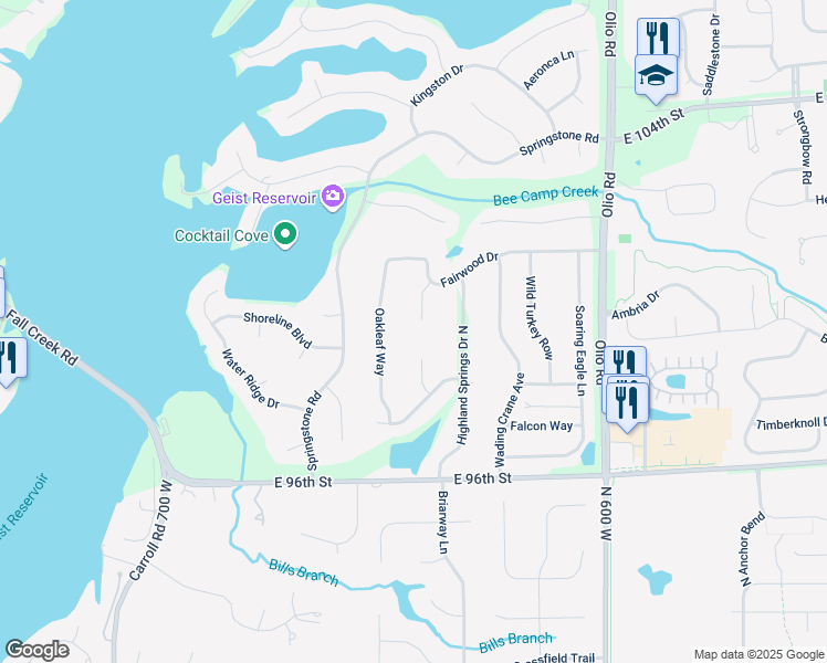 map of restaurants, bars, coffee shops, grocery stores, and more near 9884 Deerfield Lane in McCordsville