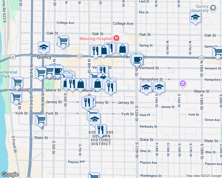 map of restaurants, bars, coffee shops, grocery stores, and more near 935 Maine Street in Quincy