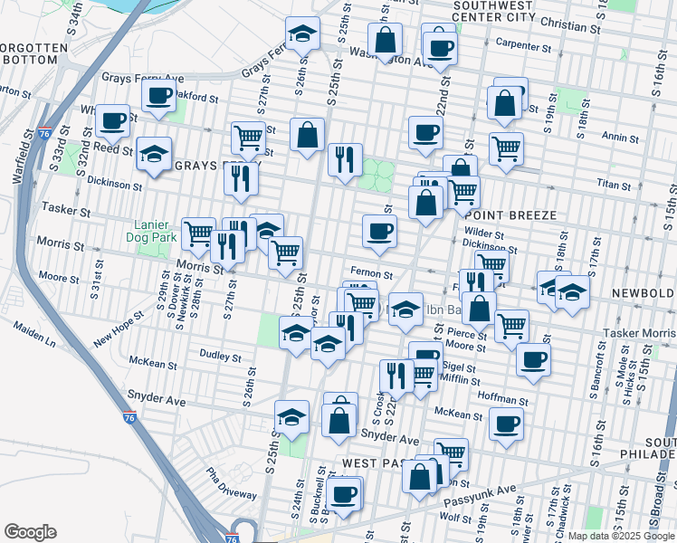 map of restaurants, bars, coffee shops, grocery stores, and more near 1622 South 24th Street in Philadelphia