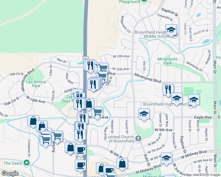 map of restaurants, bars, coffee shops, grocery stores, and more near 1140 Opal Street in Broomfield