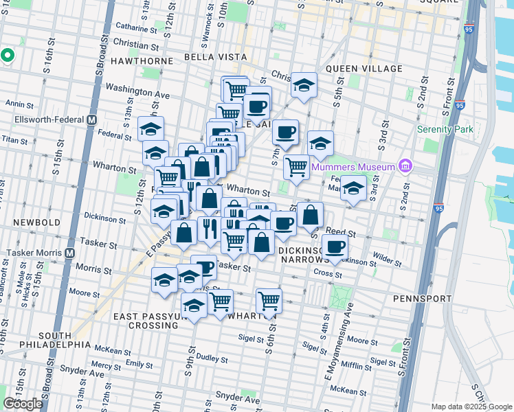 map of restaurants, bars, coffee shops, grocery stores, and more near 1401 South 8th Street in Philadelphia