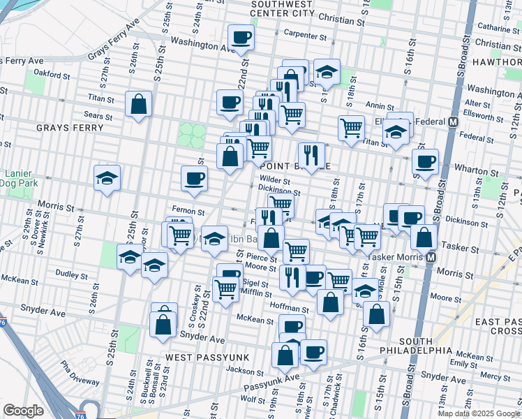 map of restaurants, bars, coffee shops, grocery stores, and more near 1550 South Capitol Street in Philadelphia