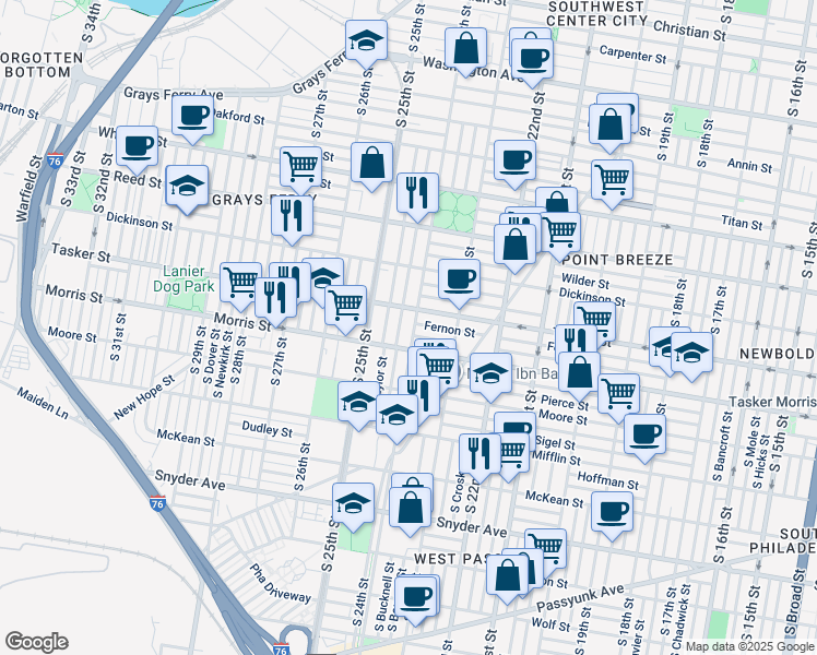 map of restaurants, bars, coffee shops, grocery stores, and more near 1622 South 24th Street in Philadelphia