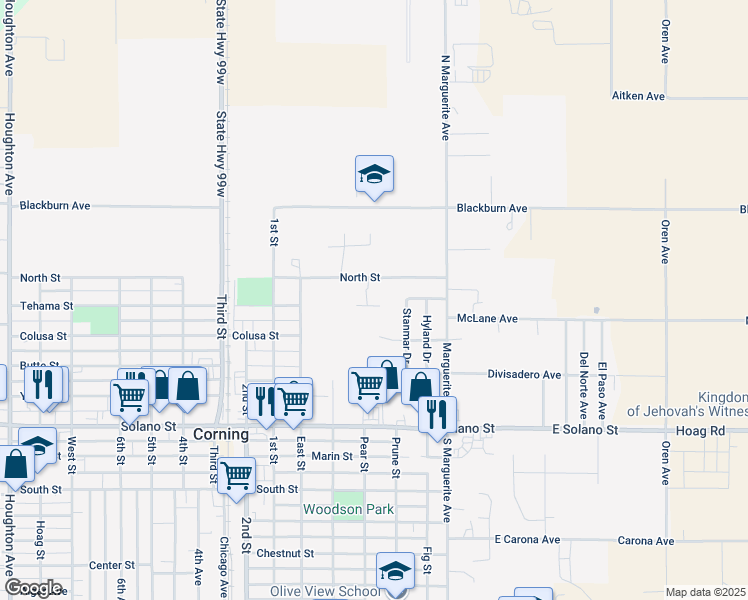 map of restaurants, bars, coffee shops, grocery stores, and more near 506 Colusa Street in Corning