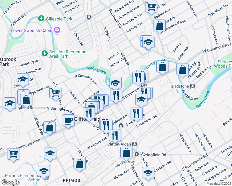 map of restaurants, bars, coffee shops, grocery stores, and more near in Clifton Heights