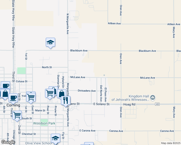 map of restaurants, bars, coffee shops, grocery stores, and more near 240 McLane Avenue in Corning