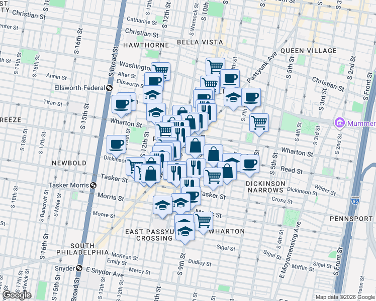 map of restaurants, bars, coffee shops, grocery stores, and more near 1405 South 10th Street in Philadelphia