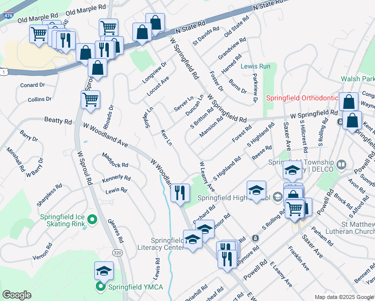 map of restaurants, bars, coffee shops, grocery stores, and more near 430 East Leamy Avenue in Springfield
