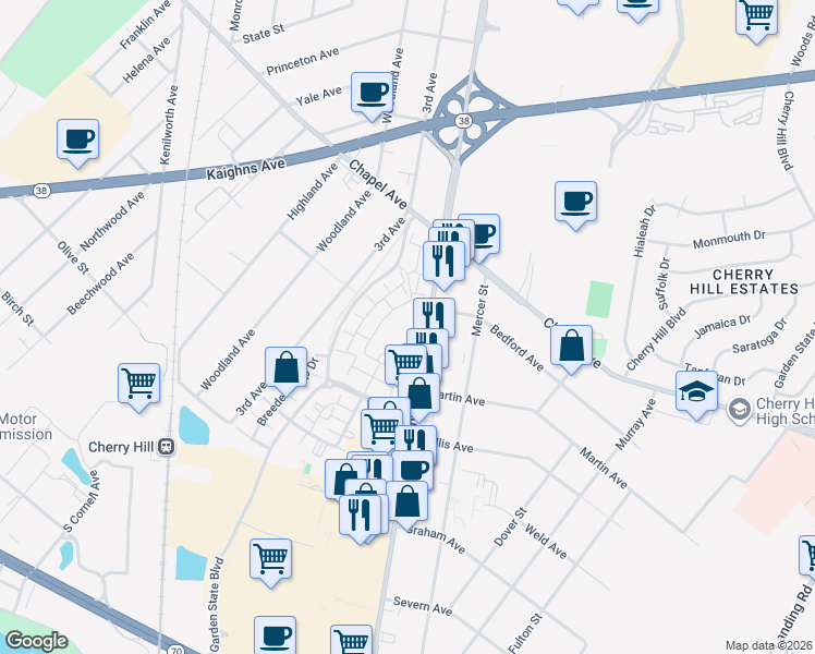 map of restaurants, bars, coffee shops, grocery stores, and more near 836 Crescent Way in Cherry Hill