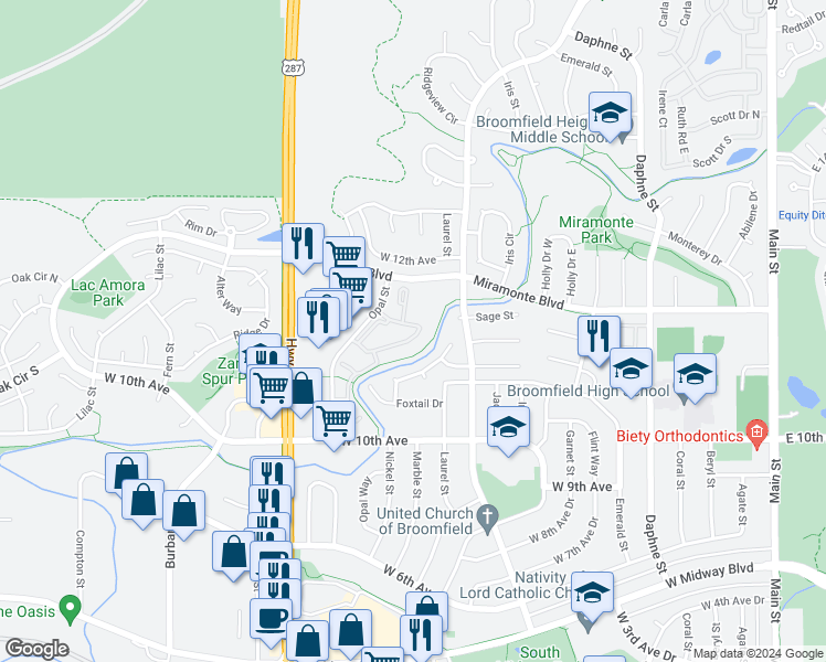 map of restaurants, bars, coffee shops, grocery stores, and more near 1168 Opal Street in Broomfield