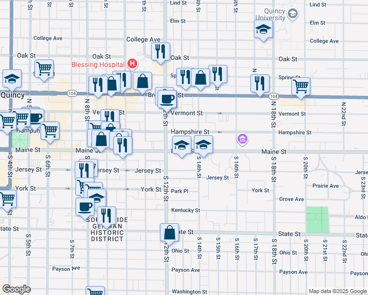 map of restaurants, bars, coffee shops, grocery stores, and more near 1243 Maine Street in Quincy