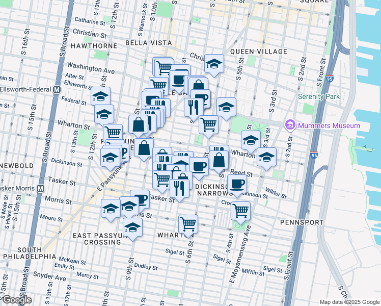 map of restaurants, bars, coffee shops, grocery stores, and more near 648 Sears Street in Philadelphia
