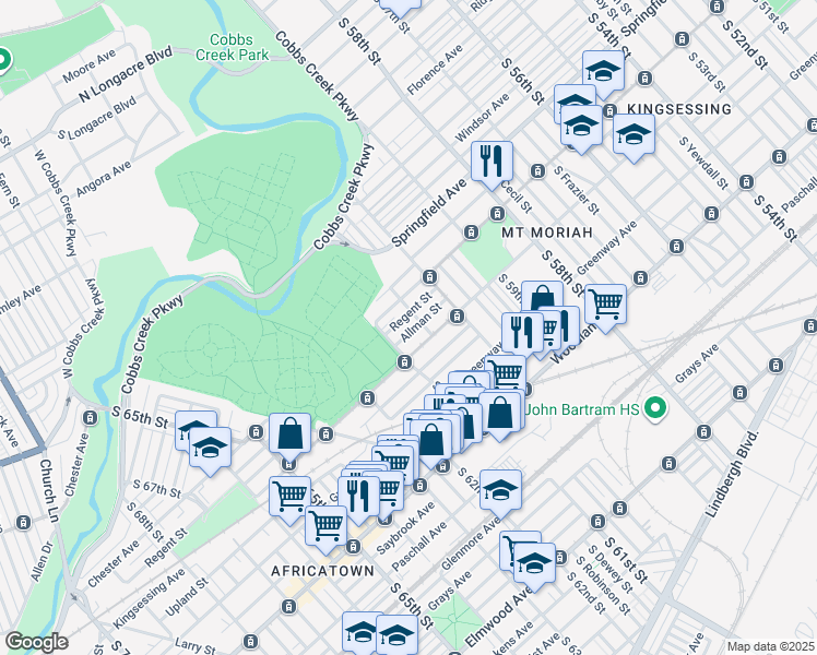 map of restaurants, bars, coffee shops, grocery stores, and more near 6080 Allman Street in Philadelphia