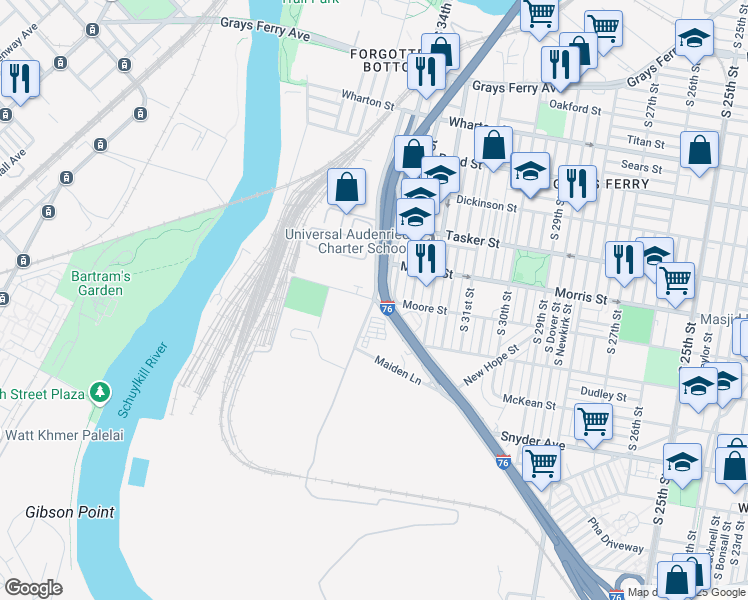 map of restaurants, bars, coffee shops, grocery stores, and more near 2100 Moore Street in Philadelphia