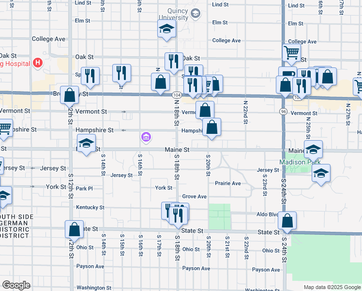 map of restaurants, bars, coffee shops, grocery stores, and more near 1801 Maine Street in Quincy