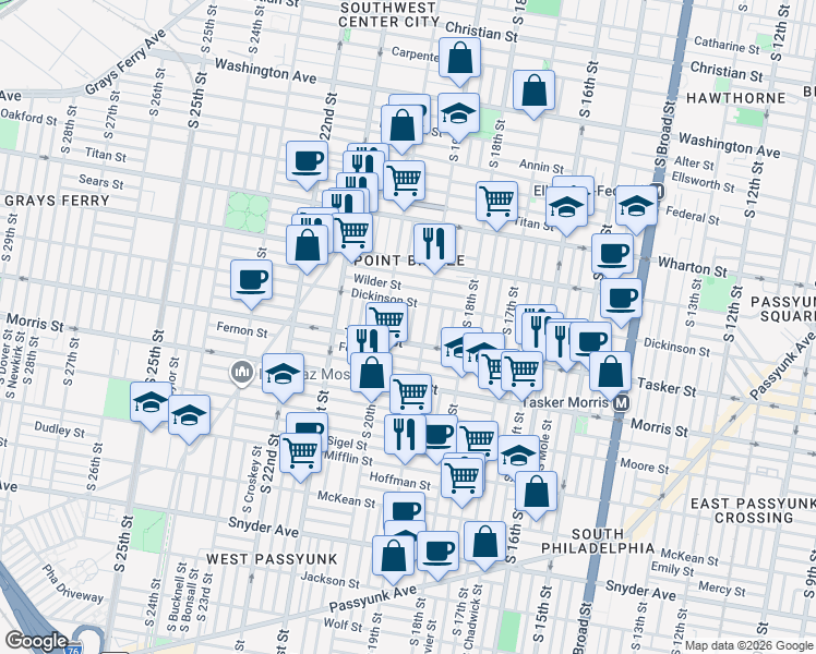 map of restaurants, bars, coffee shops, grocery stores, and more near 1532 South Garnet Street in Philadelphia