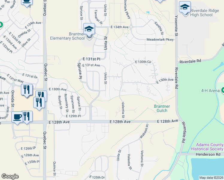 map of restaurants, bars, coffee shops, grocery stores, and more near 8252 East 129th Place in Thornton