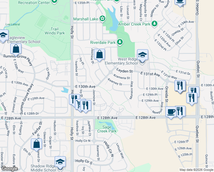 map of restaurants, bars, coffee shops, grocery stores, and more near 12949 Jasmine Way in Thornton