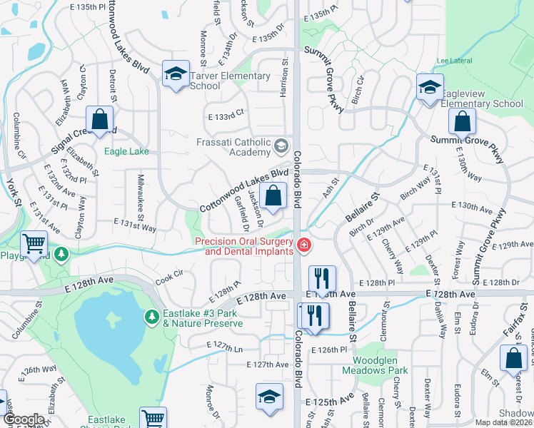 map of restaurants, bars, coffee shops, grocery stores, and more near 3840 Dyanna Drive in Thornton