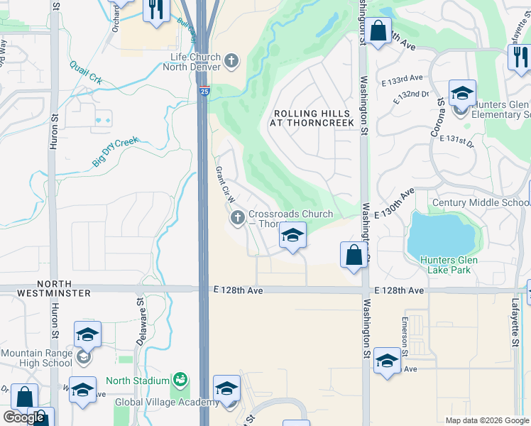 map of restaurants, bars, coffee shops, grocery stores, and more near 12943 Grant Circle East in Denver