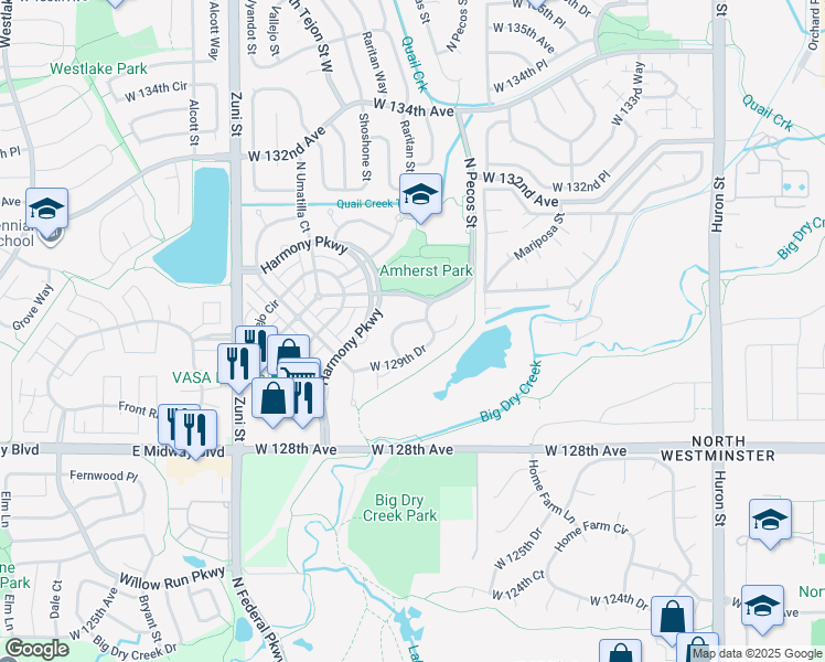 map of restaurants, bars, coffee shops, grocery stores, and more near 1850 West 130th Place in Westminster