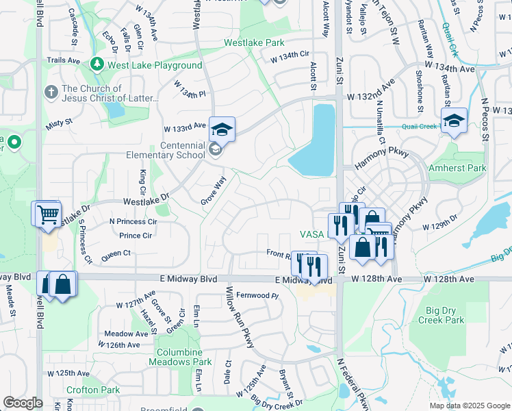 map of restaurants, bars, coffee shops, grocery stores, and more near Elm Circle in Broomfield