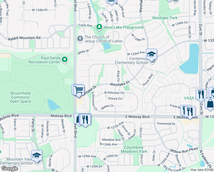 map of restaurants, bars, coffee shops, grocery stores, and more near 12951 Prince Court in Broomfield