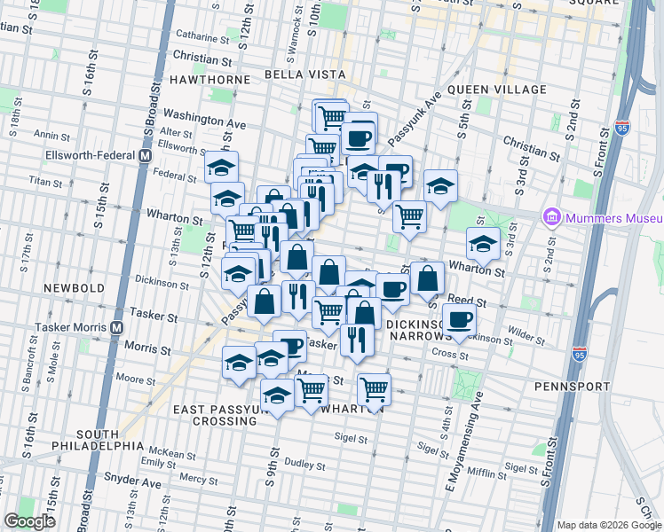 map of restaurants, bars, coffee shops, grocery stores, and more near 1401 South 8th Street in Philadelphia