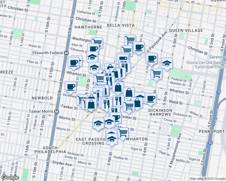 map of restaurants, bars, coffee shops, grocery stores, and more near 1401s South 10th Street in Philadelphia