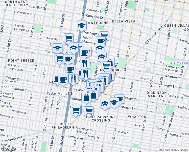 map of restaurants, bars, coffee shops, grocery stores, and more near 1211 Dickinson Street in Philadelphia