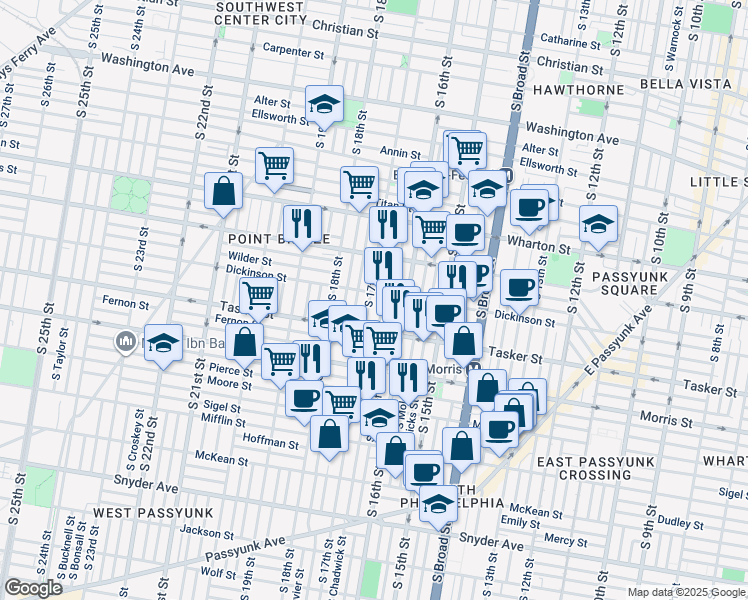 map of restaurants, bars, coffee shops, grocery stores, and more near 1537 South Chadwick Street in Philadelphia