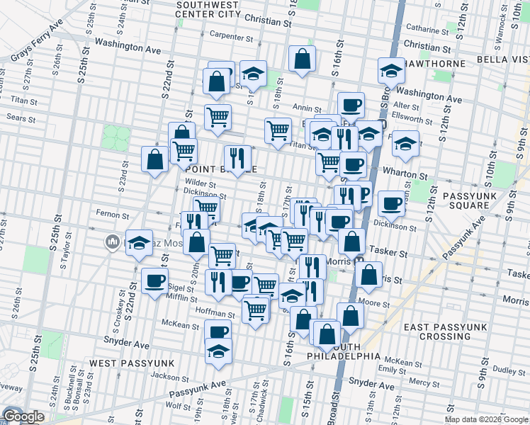 map of restaurants, bars, coffee shops, grocery stores, and more near 1545 South Bouvier Street in Philadelphia