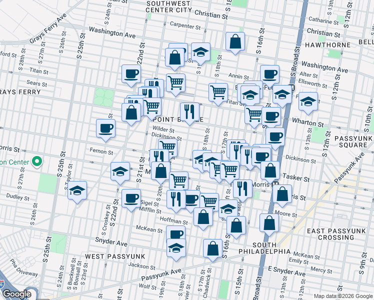 map of restaurants, bars, coffee shops, grocery stores, and more near 1819 Tasker Street in Philadelphia