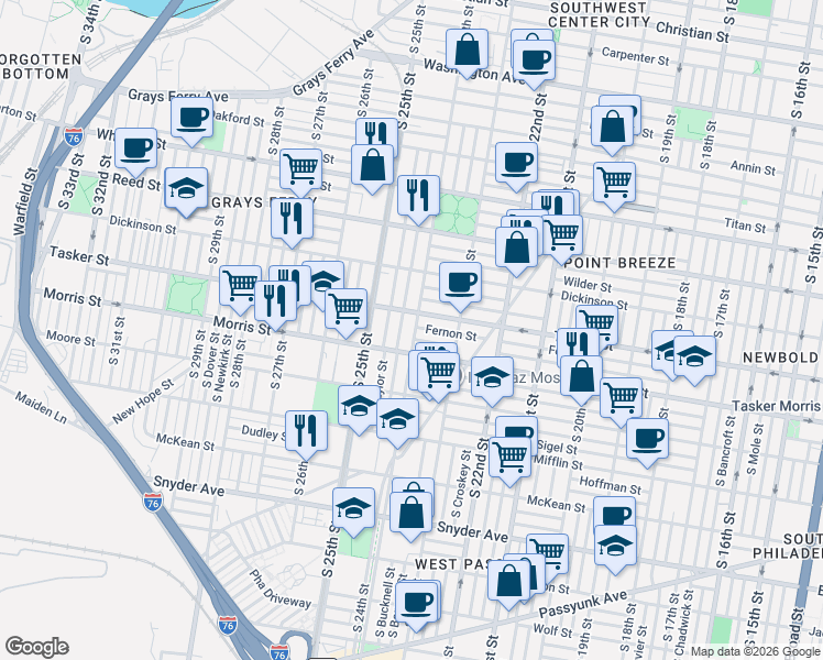 map of restaurants, bars, coffee shops, grocery stores, and more near 2341 Morris Street in Philadelphia