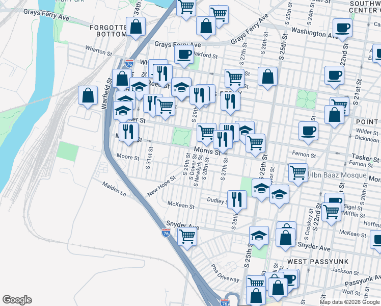 map of restaurants, bars, coffee shops, grocery stores, and more near 1730 South 29th Street in Philadelphia
