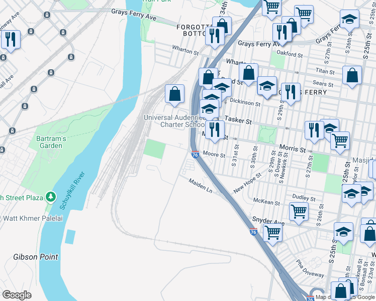 map of restaurants, bars, coffee shops, grocery stores, and more near 1842-1898 South 34th Street in Philadelphia