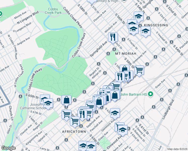 map of restaurants, bars, coffee shops, grocery stores, and more near 6080 Allman Street in Philadelphia