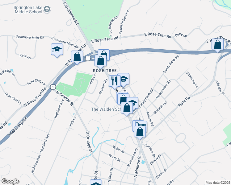map of restaurants, bars, coffee shops, grocery stores, and more near 1008 North Providence Road in Media