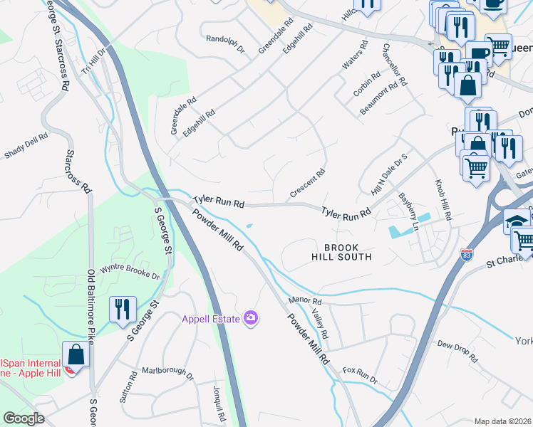 map of restaurants, bars, coffee shops, grocery stores, and more near 70 Tyler Run Road in York