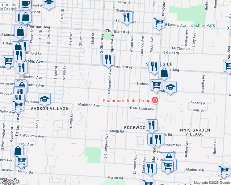 map of restaurants, bars, coffee shops, grocery stores, and more near 1632 South Champion Avenue in Columbus
