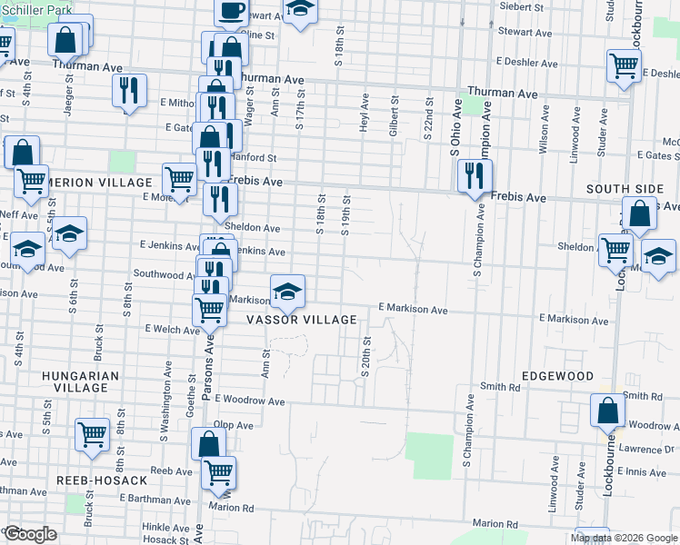 map of restaurants, bars, coffee shops, grocery stores, and more near 647 Southwood Avenue in Columbus